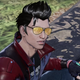 Travis Touchdown sits on the ground and looks up at Takashi Miike.